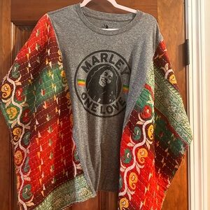 Marley One Love Graphic Tee with Colorful Patchwork Kantha sleeves